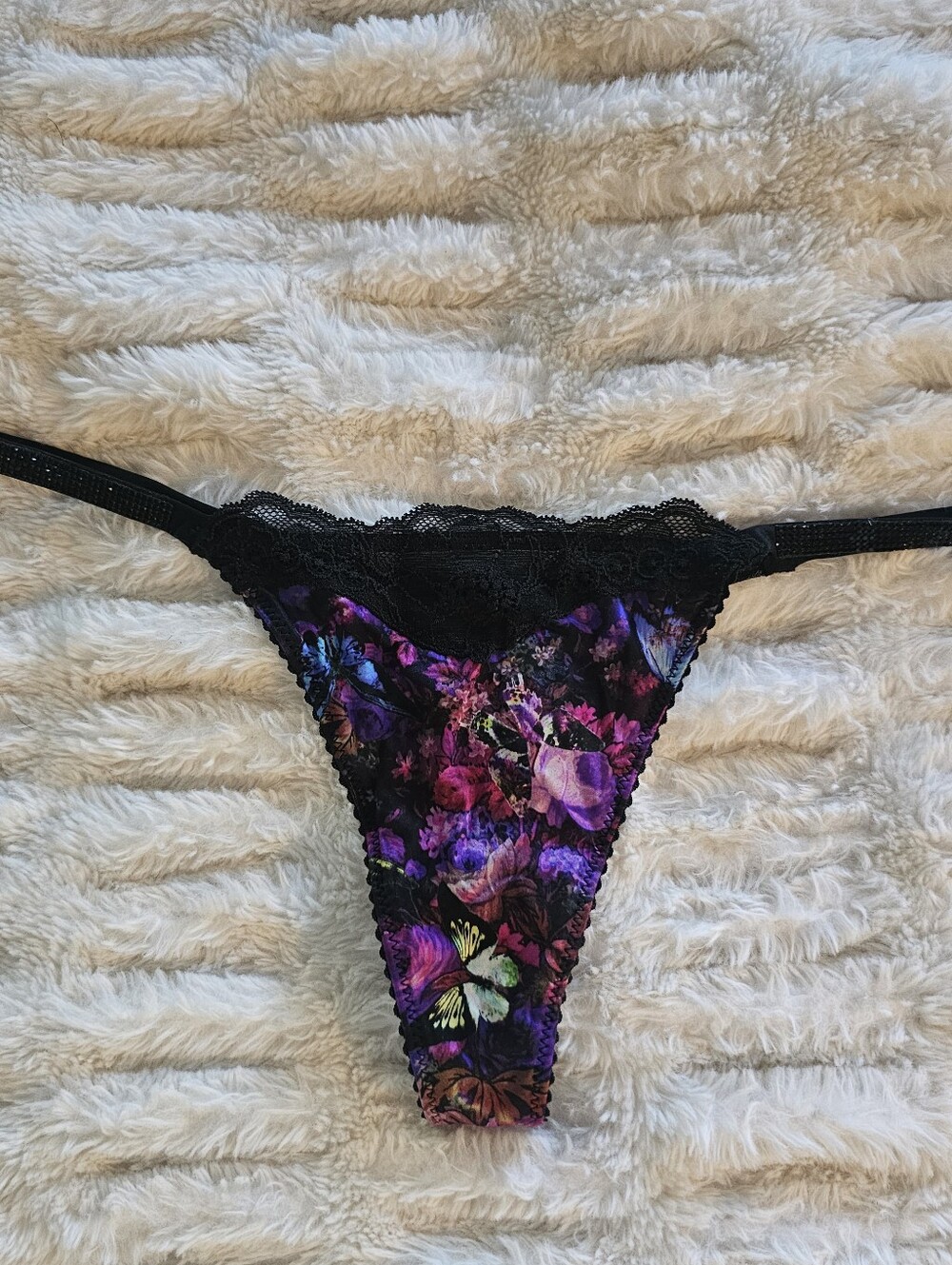 Victoria's Secret Black & Purple Floral Lace Bling Strap Thong